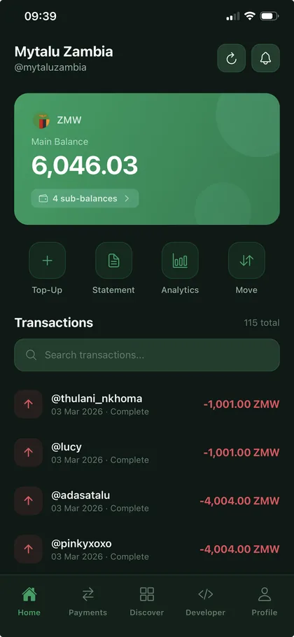 The Mytalu Business mobile app, showing a balance and recent transactions