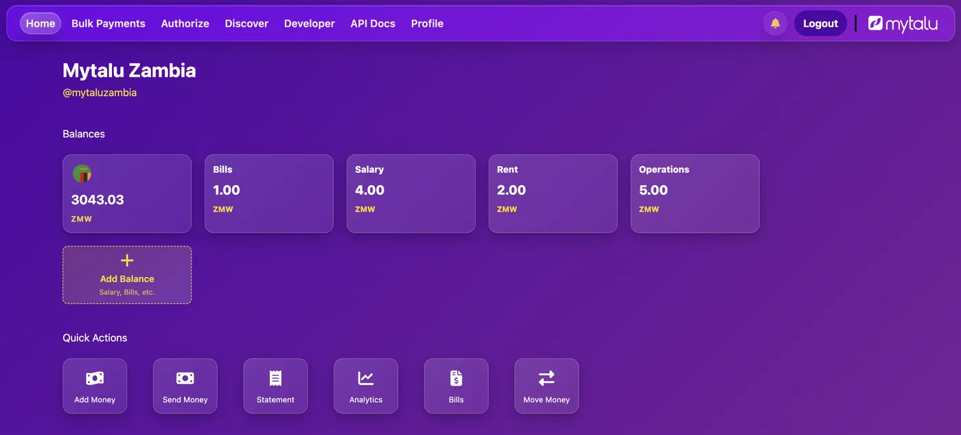The Mytalu Business dashboard, showing account balances and quick actions