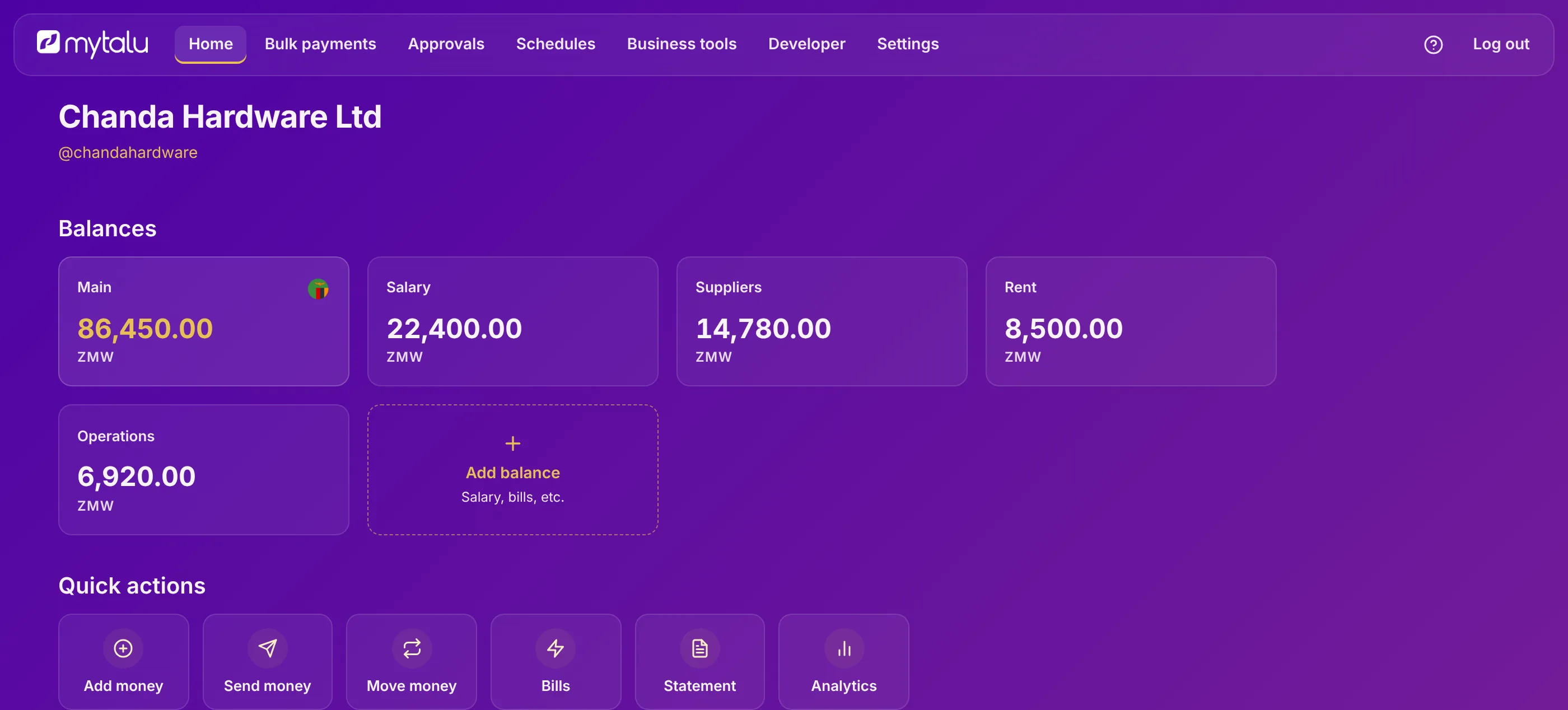 The Mytalu Business dashboard, showing account balances and quick actions