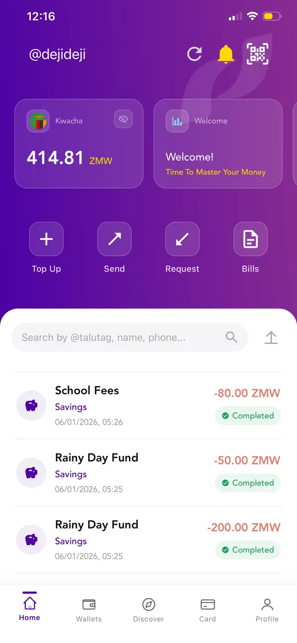The Mytalu app home screen, showing a Kwacha wallet balance, Top Up, Send, Request and Bills buttons, and recent transfers into saving pots